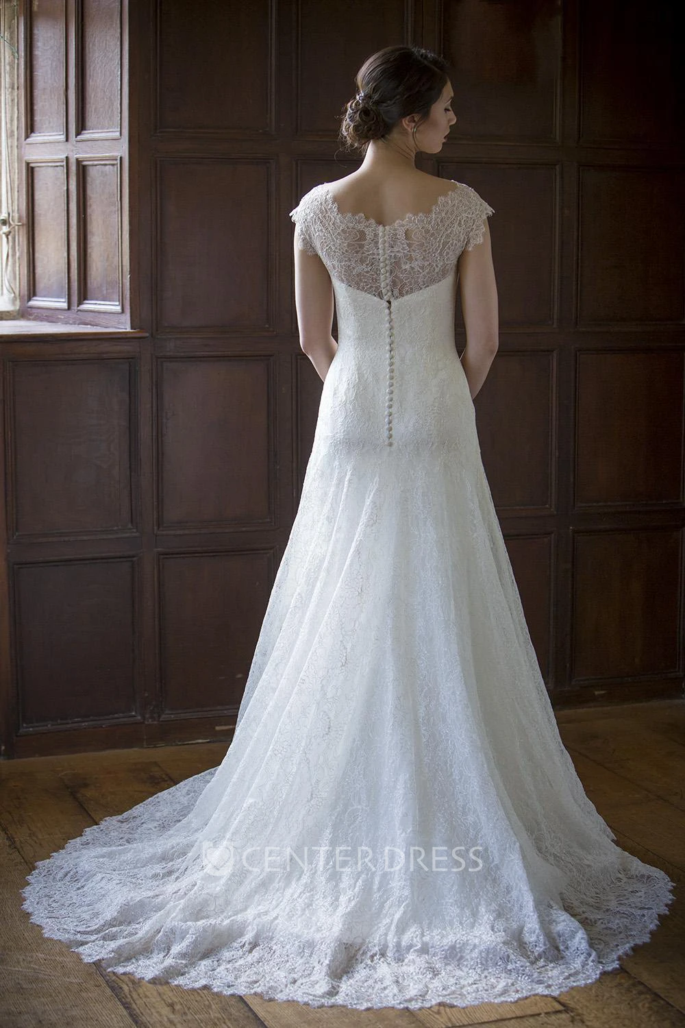 A-Line Cap-Sleeve V-Neck Lace Wedding Dress With Illusion