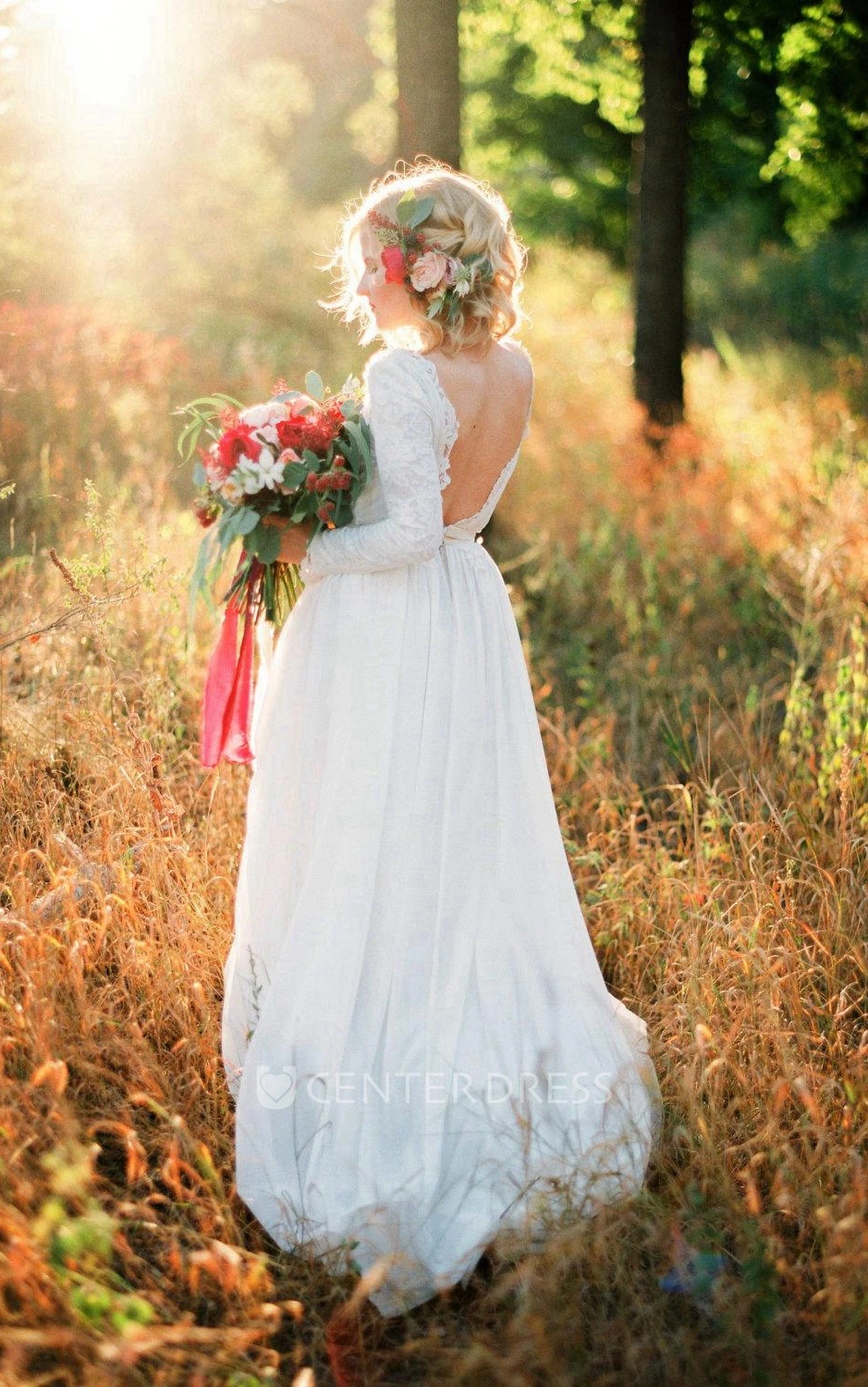Romantic Chiffon Long A-Line Wedding Dress With Lace Bodice