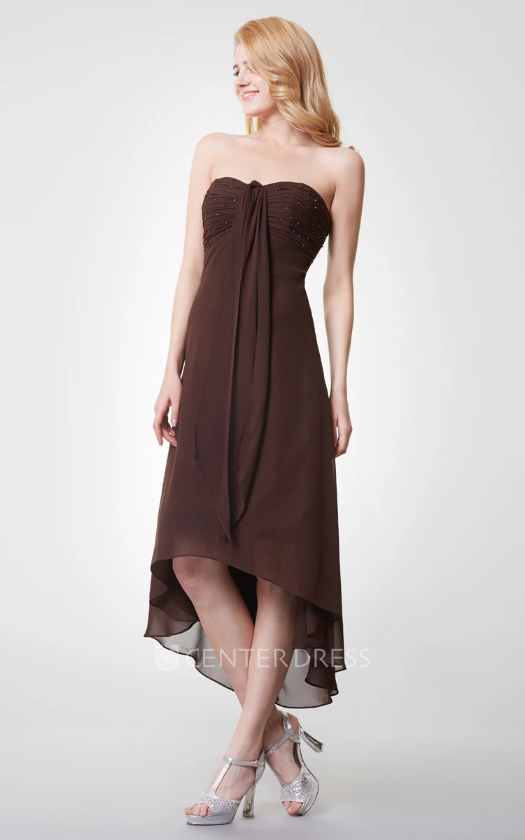 Shinning Sleeveless Empire Waist Tea-length Chiffon Dress With Ruching
