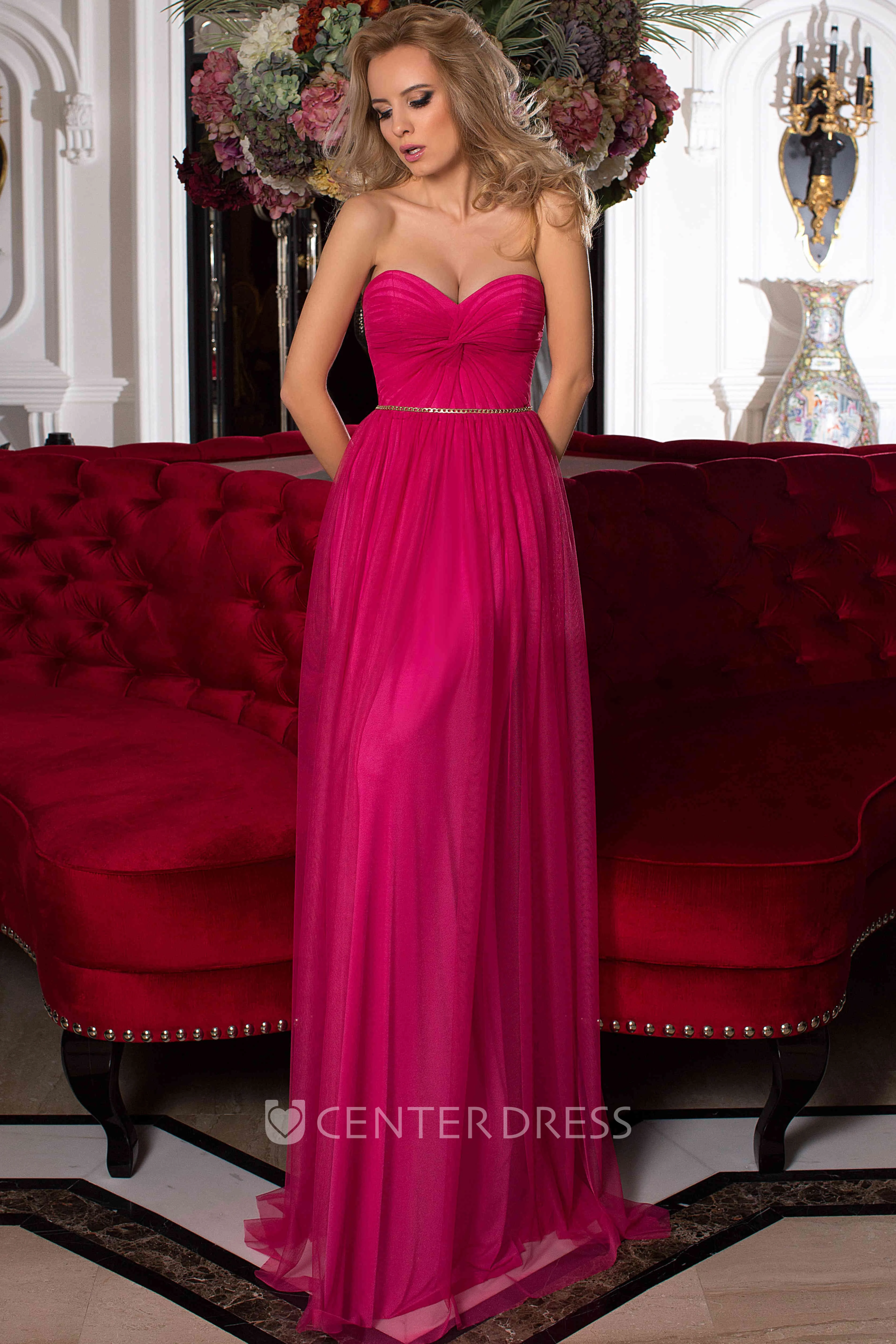 A-Line Sleeveless Empire Sweetheart Floor-Length Criss-Cross Tulle Prom Dress With Lace-Up Back And Waist Jewellery