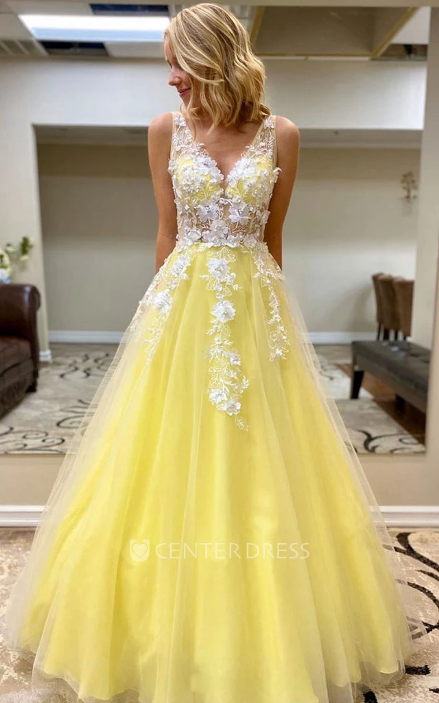V-neck Tulle Sleeveless Floor-length A Line Formal Dress with Appliques