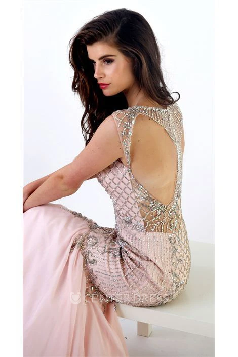 Mermaid Maxi Beaded Cap-Sleeve Jewel-Neck Chiffon Prom Dress