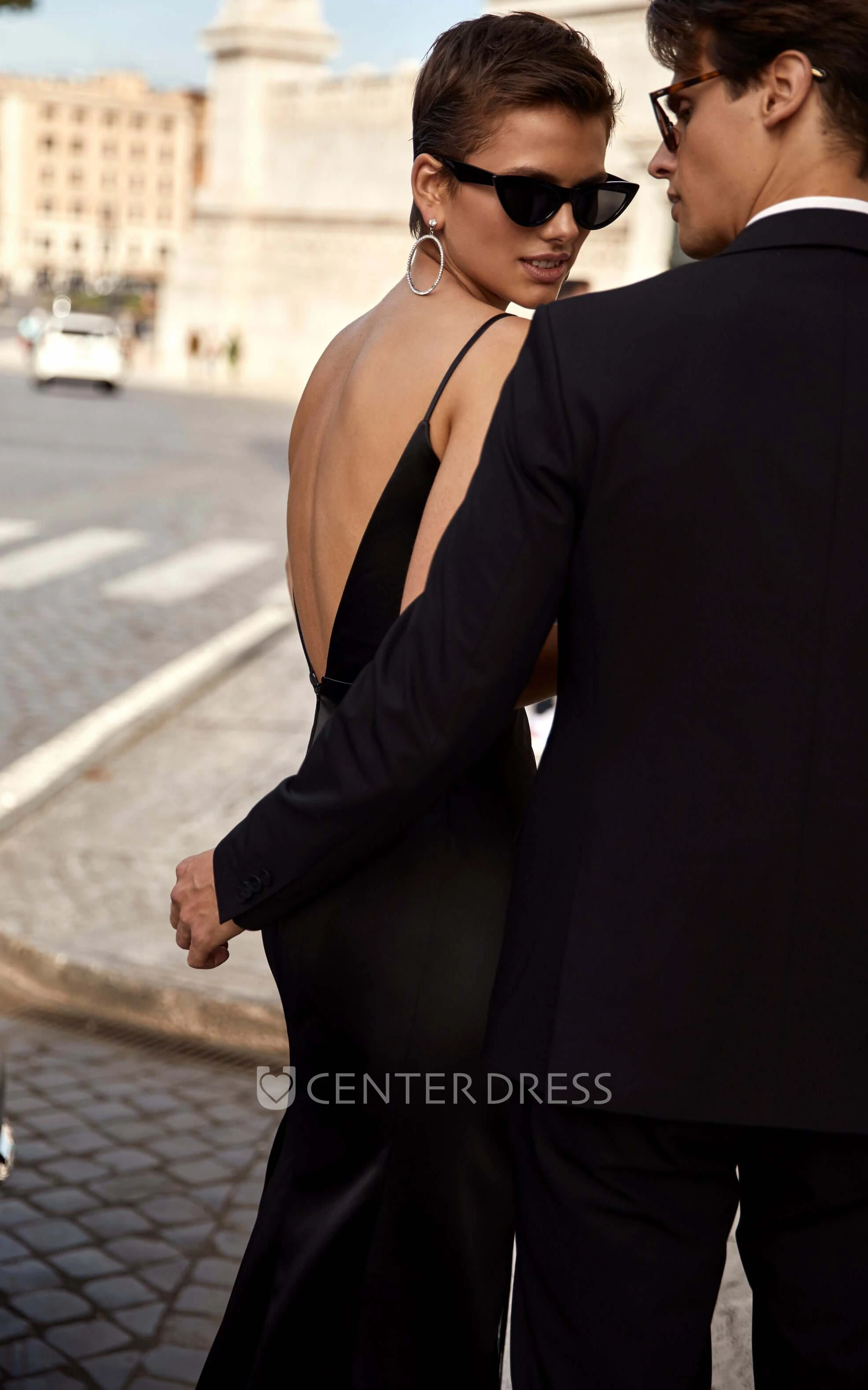 Sexy Sheath Spaghetti Satin Evening Dress With Low-V Back And Split Front