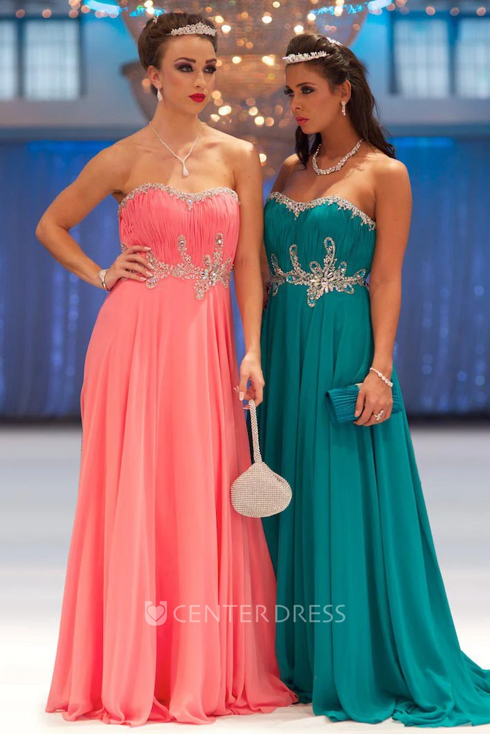 A-Line Sleeveless Ruched Sweetheart Long Chiffon Prom Dress With Beading