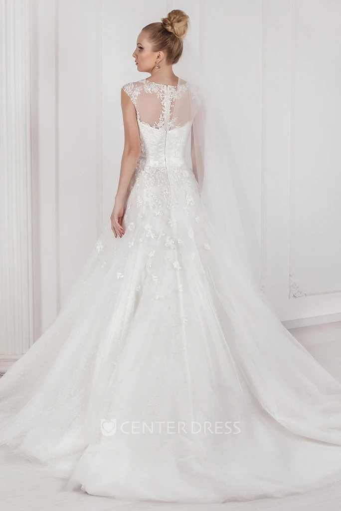 A-Line Scoop Floor-Length Sleeveless Appliqued Tulle Wedding Dress With Illusion Back And Court Train