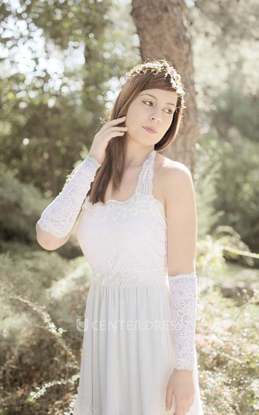 Halter Backless Long Jersey Wedding Dress With Beadings And Lace