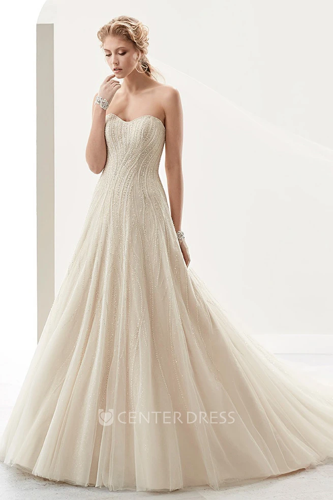 Strapless A-Line Lace Bridal Gown With Sequins And Brush Train