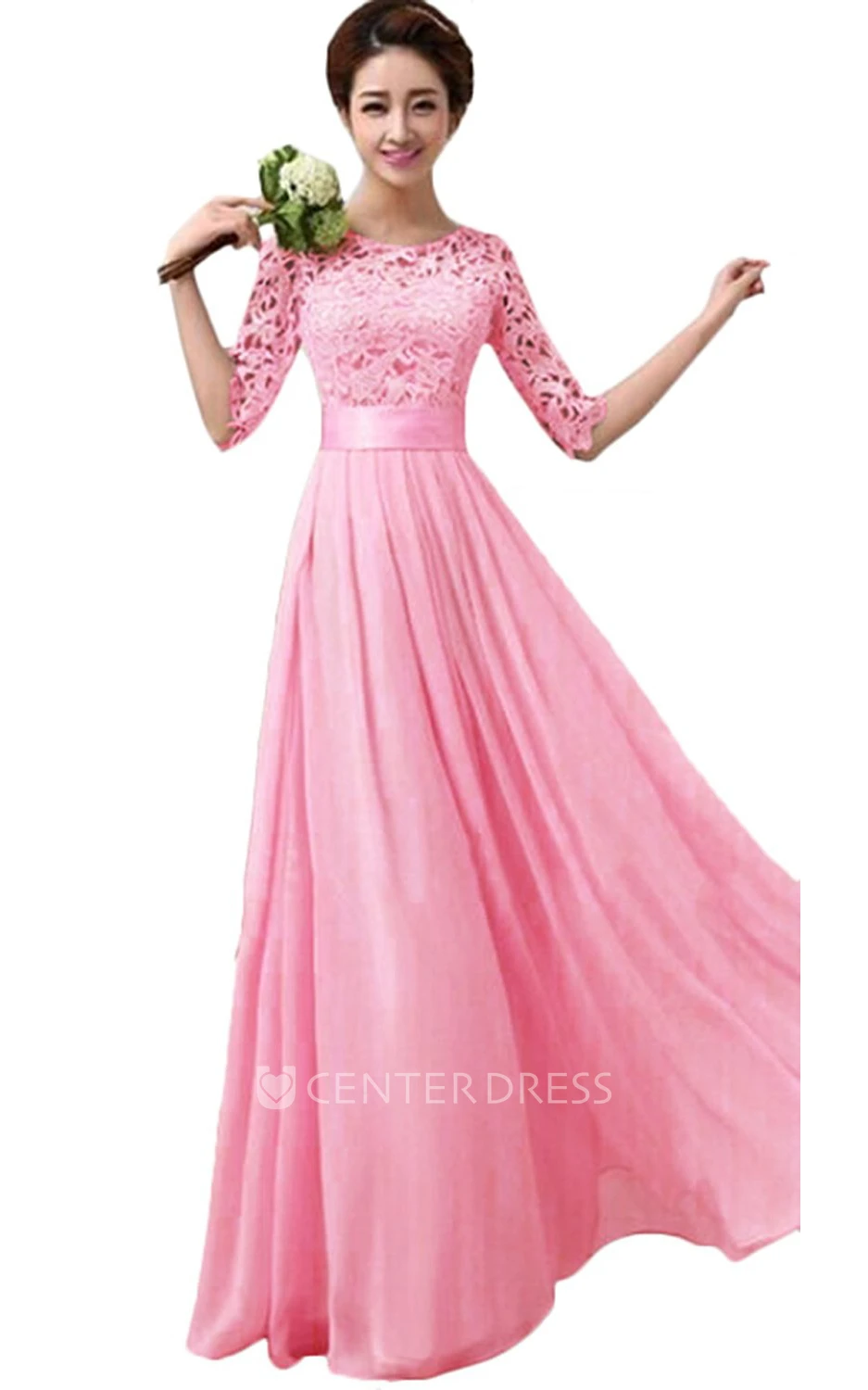 Scoop Half Sleeve Chiffon Long Bridesmaid Gown With Lace Bodice and Belt