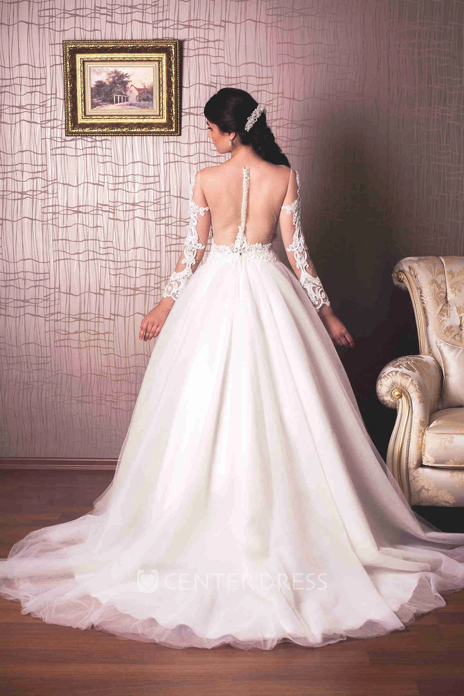 Jewel lace and tulle outlet illusion neck wedding dress