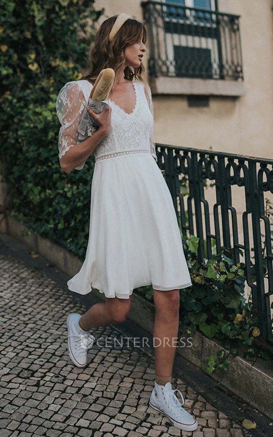 Elegant A Line V-neck Chiffon Bridal Gown with Ruching