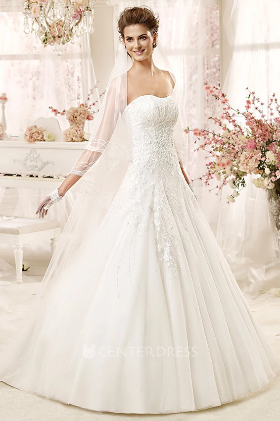 Strapless A-line Wedding Gown with Lace Appliques and Brush Train