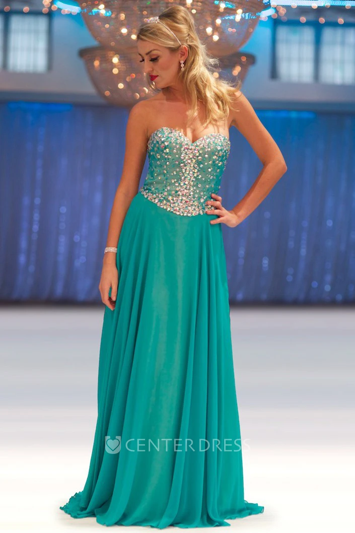A-Line Sweetheart Sleeveless Beaded Maxi Chiffon Prom Dress With Pleats