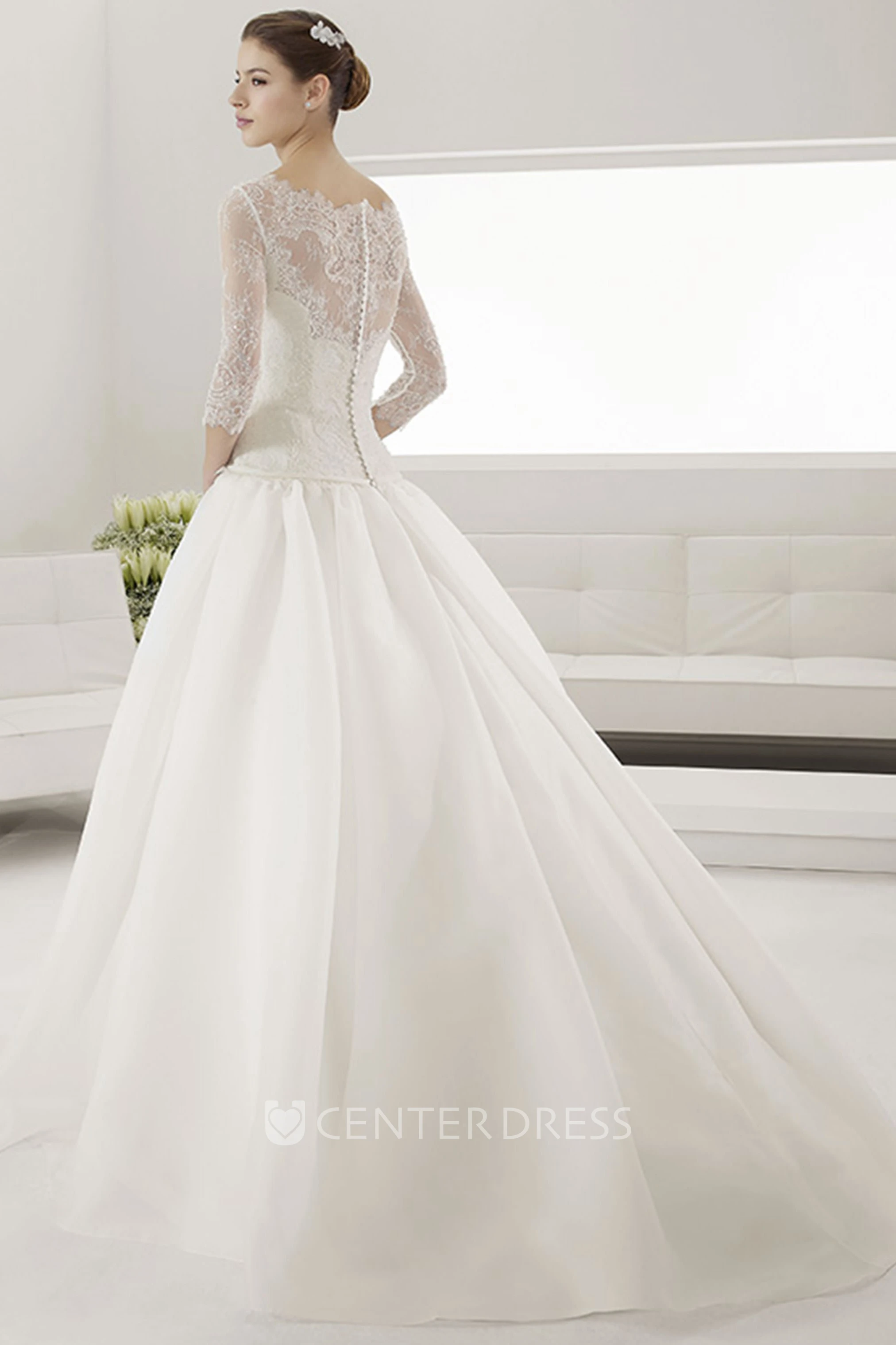 Illusion Bateau Drop Waist Ball Gown With Sash And 3-4 Sleeves