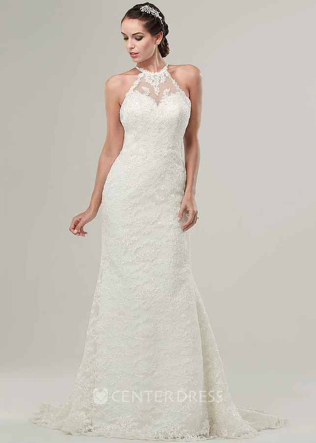 High Neck Long Appliqued Lace Wedding Dress With Sweep Train And Illusion