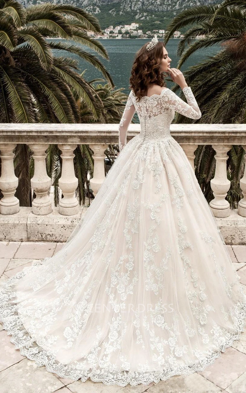 A-Line Mini Off-The-Shoulder Long Sleeve Bell Pleats Beading Appliques Court Train Button Lace Dress