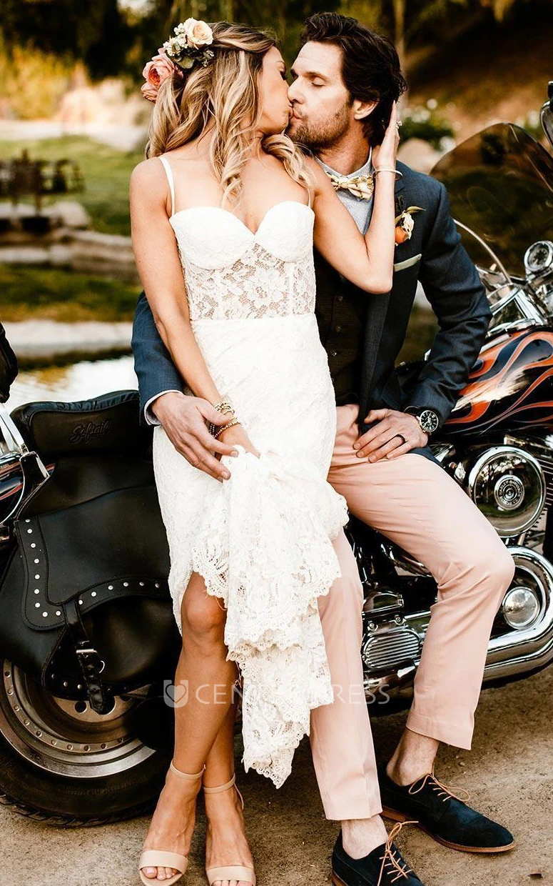 Sheath Sleeveless Lace Ethereal Adorable Open Back Illusion Spring Wedding Dress with Split Front