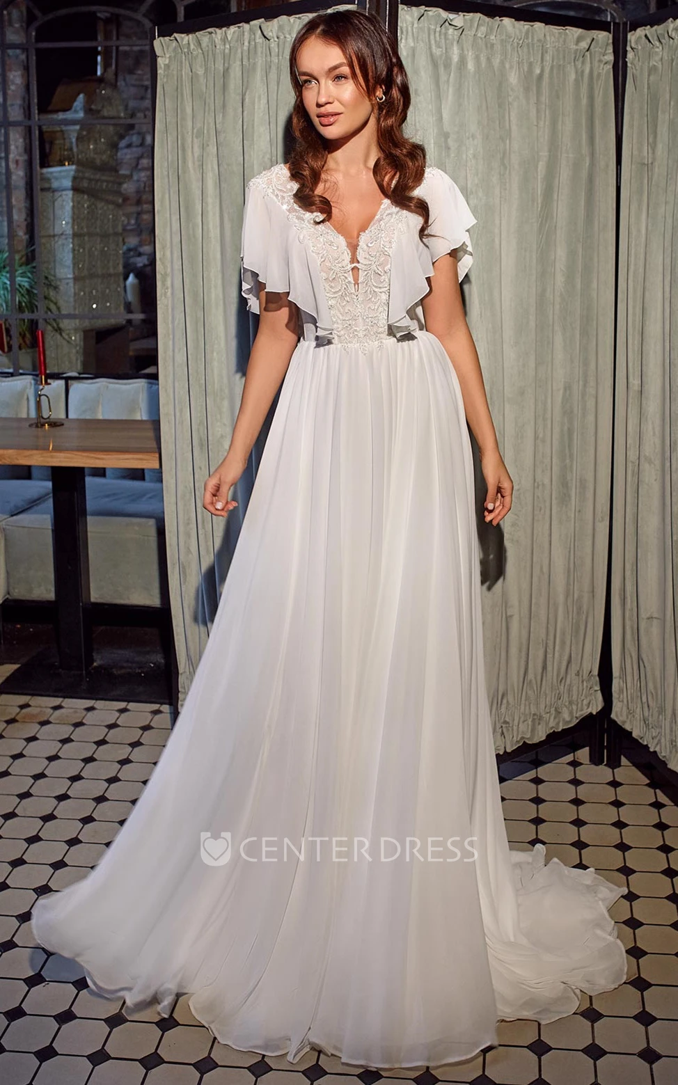 Elegant A-Line Chiffon Plunging Neck Sweep Train Short Sleeve Wedding Dress