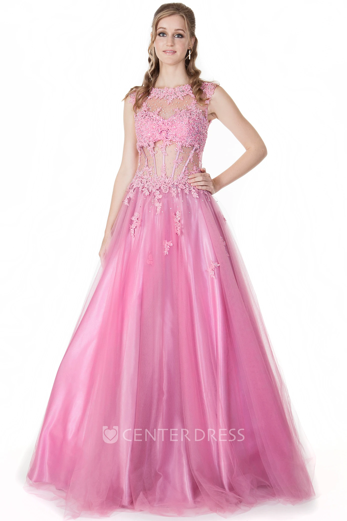 A-Line Jewel-Neck Appliqued Floor-Length Cap-Sleeve Tulle&Satin Prom Dress