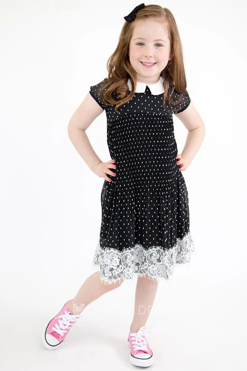 Pleated Empire Cap-Sleeve Chiffon&Lace Flower Girl Dress
