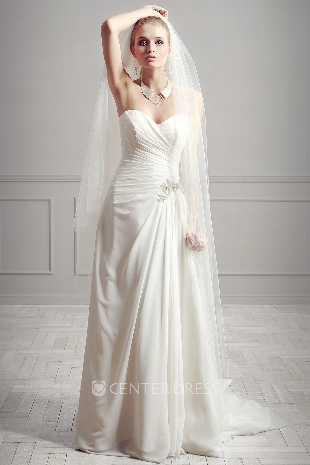 Sheath Floor-Length Sweetheart Side-Draped Sleeveless Chiffon Wedding Dress With Broach