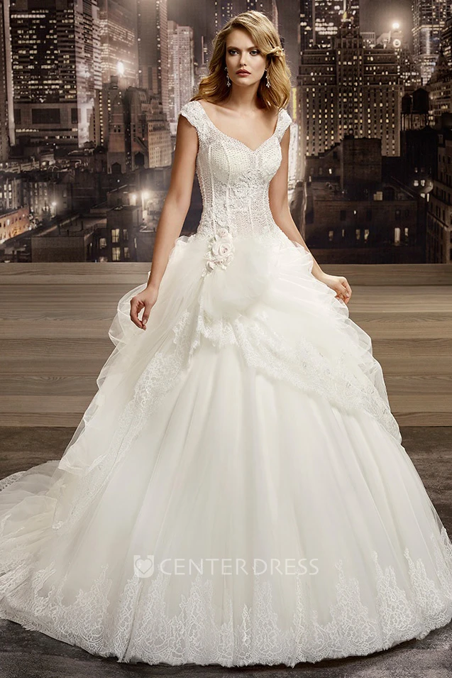 Sweetheart Brush-Train A-Line Bridal Gown With Beaded Corset And