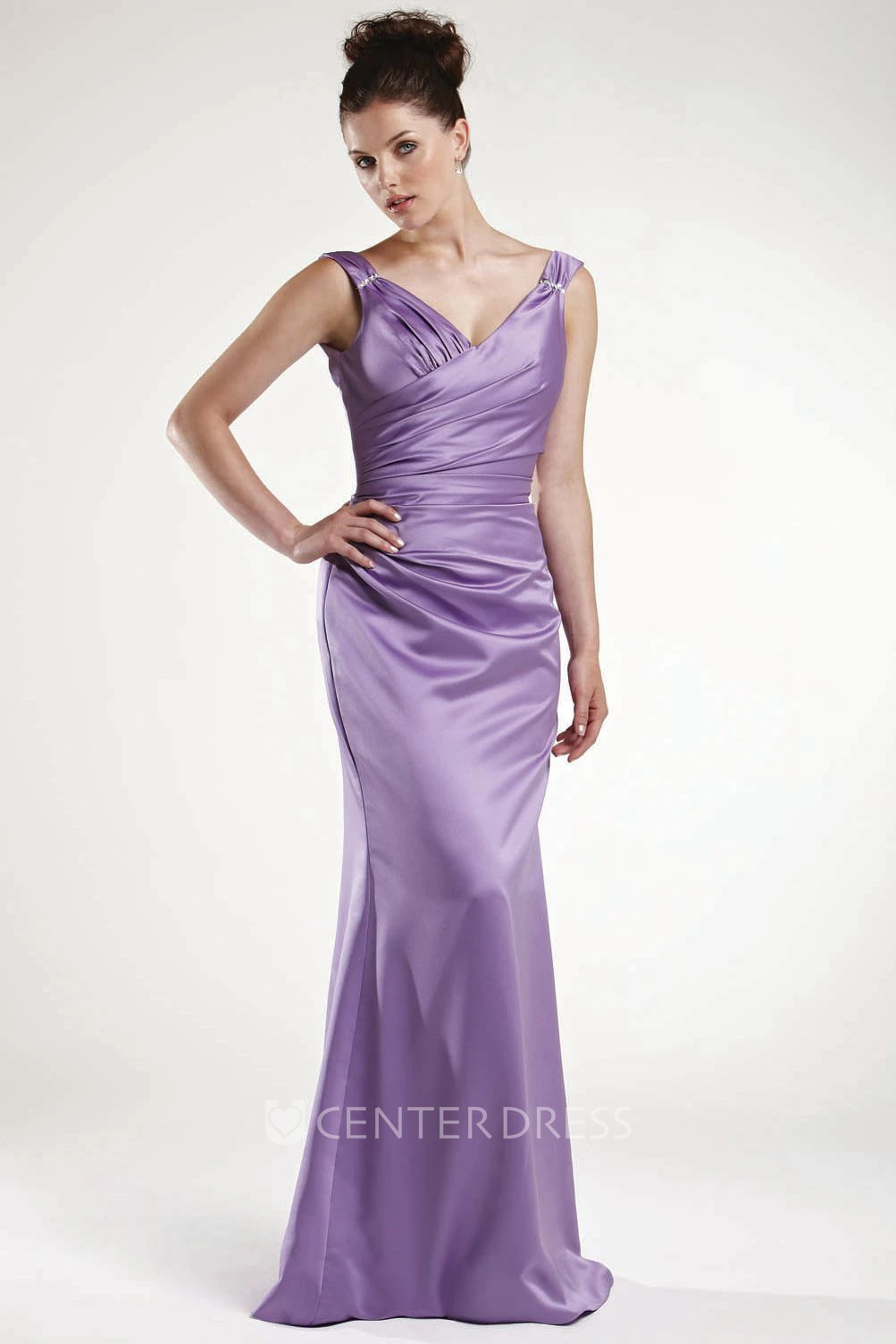 Sheath Sleeveless Side-Draped V-Neck Satin Bridesmaid Dress With Lace-Up