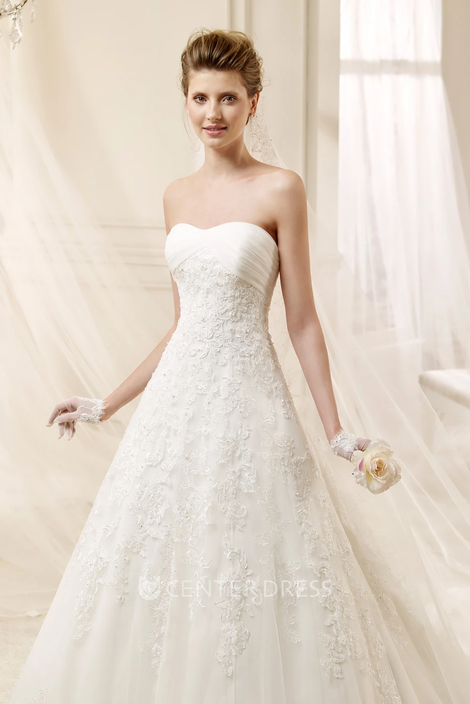 Strapless A-line Wedding Dress with Pleated Bust and Lace Appliques