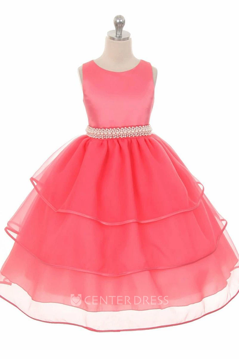 Tea-Length Beaded Sleeveless Organza&Satin Flower Girl Dress