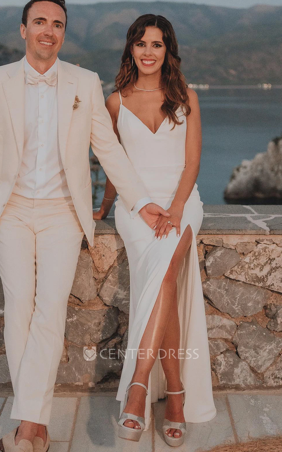 Sheath Satin Elegant Spring Wedding Dress With V-neck And Split Front 