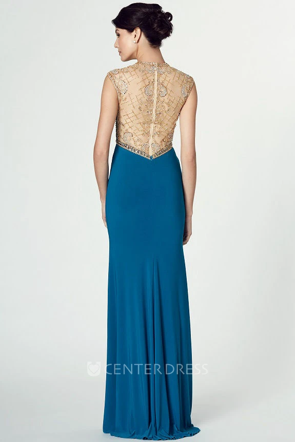 High Neck Floor-Length Split-Front Jersey Prom Dress With Beading And Illusion