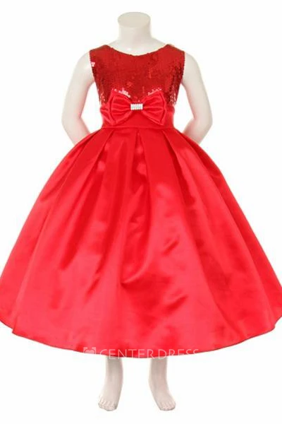 Tea-Length Bowed Sequins&Satin Flower Girl Dress