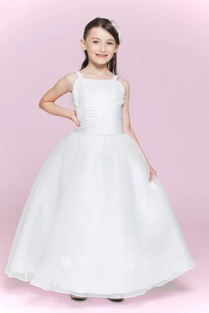 Flower Girl Square Neck Organza Ball Gown With Bandage And Flower