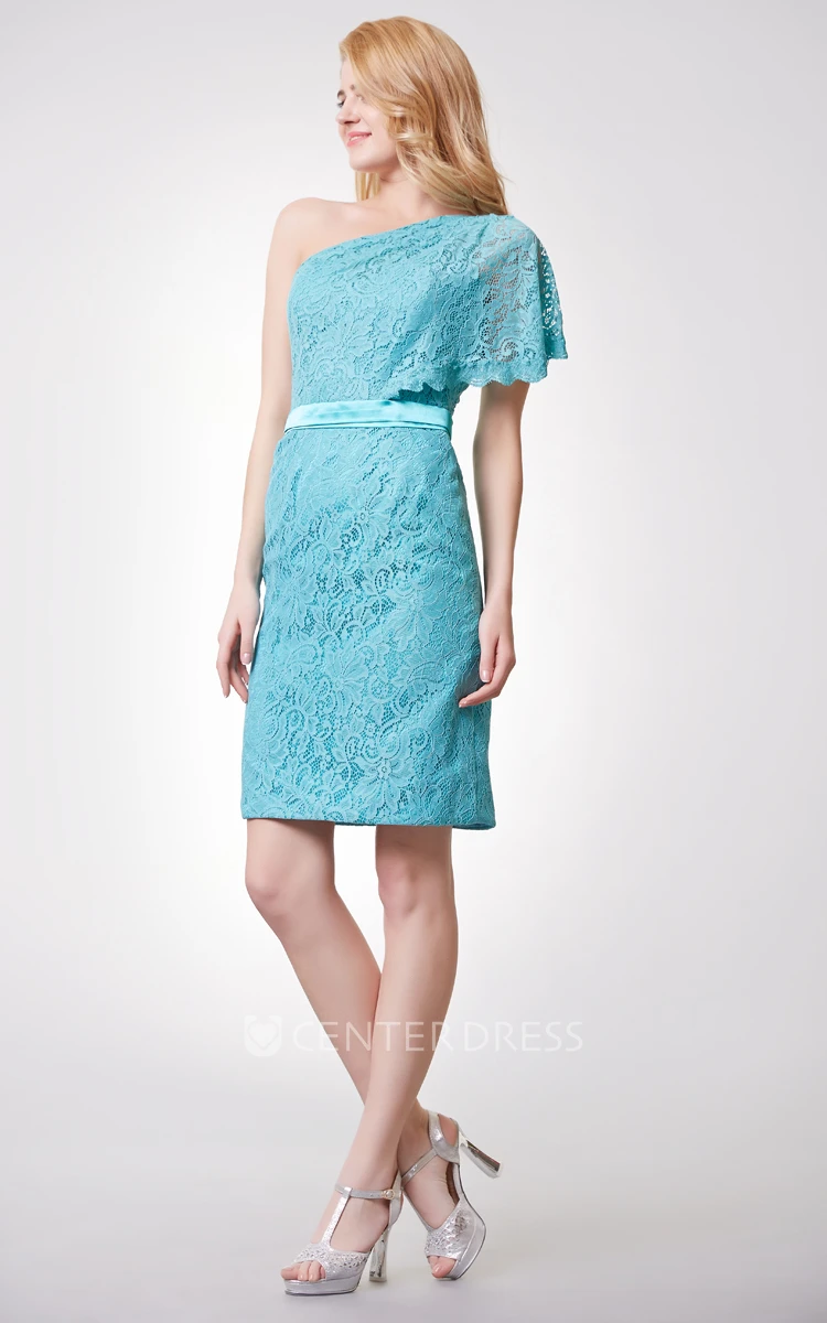 Fabulous One Shoulder Form Fitted Short Lace Dress With Side Draping