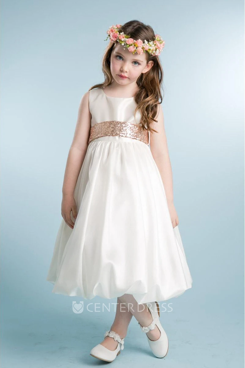 Tea-Length Sleeveless Tulle&Sequins Flower Girl Dress