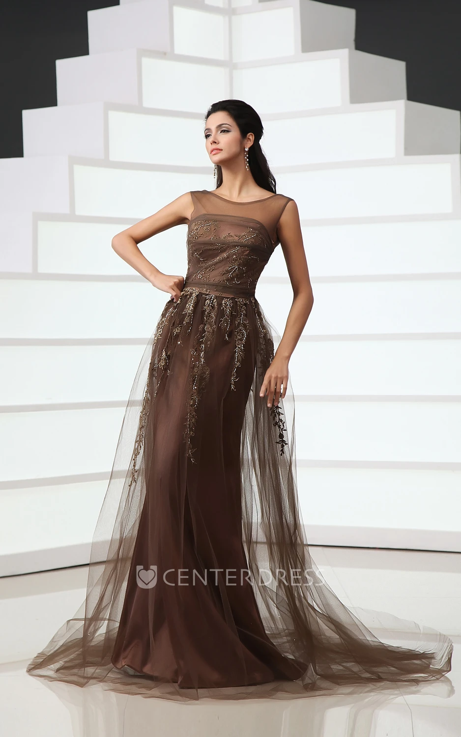Tulle Cap-Sleeved A-Line Backless Gown With Sequins And Embroidery