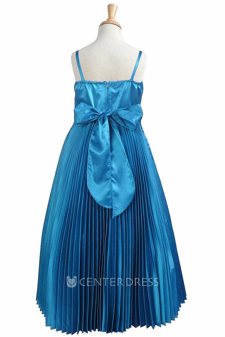 Floor-Length Cape Pleated Satin Flower Girl Dress With Broach