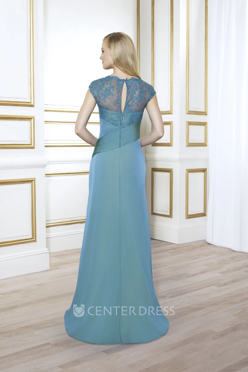 Appliqued Floor-Length Cap-Sleeve V-Neck Satin Formal Dress With Draping