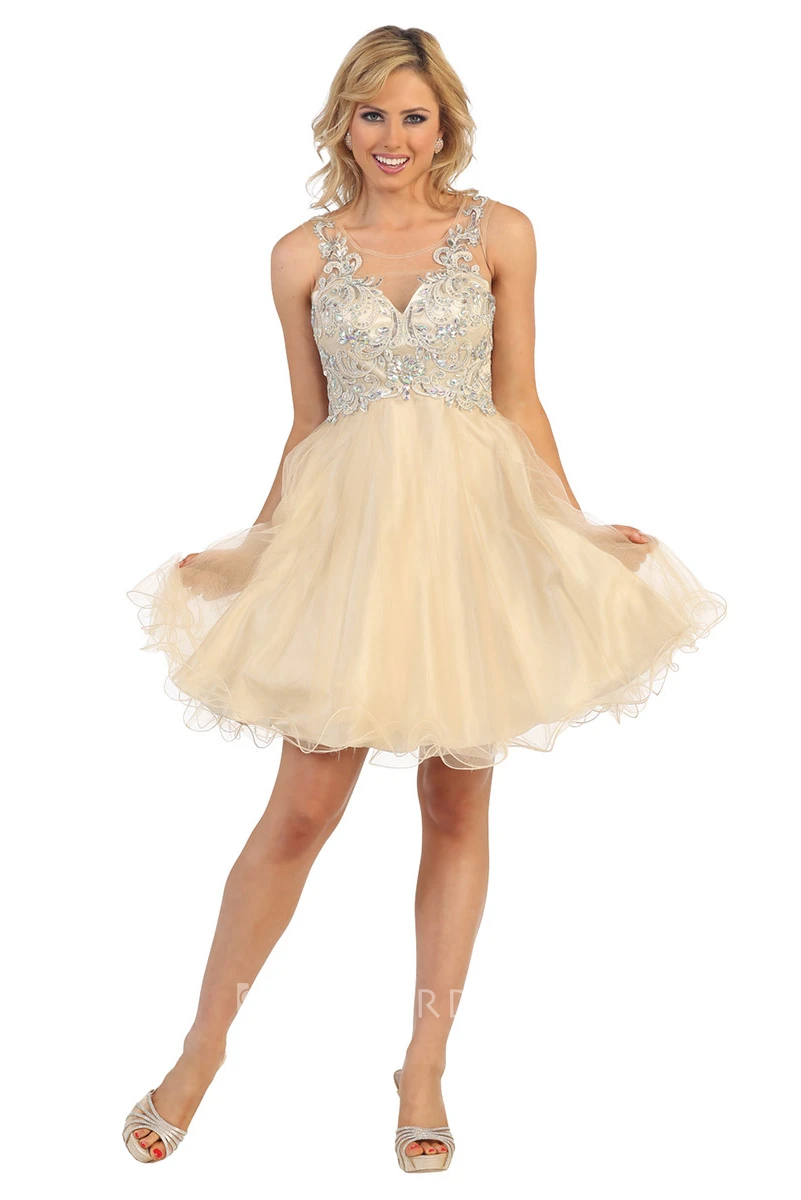 A-Line Short Bateau Empire Tulle Illusion Dress With Beading And Appliques