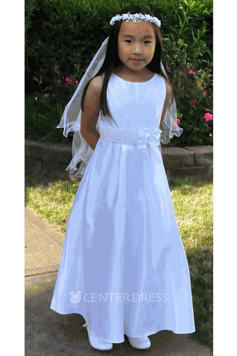 Floral Beaded Floral Satin Flower Girl Dress With Sash