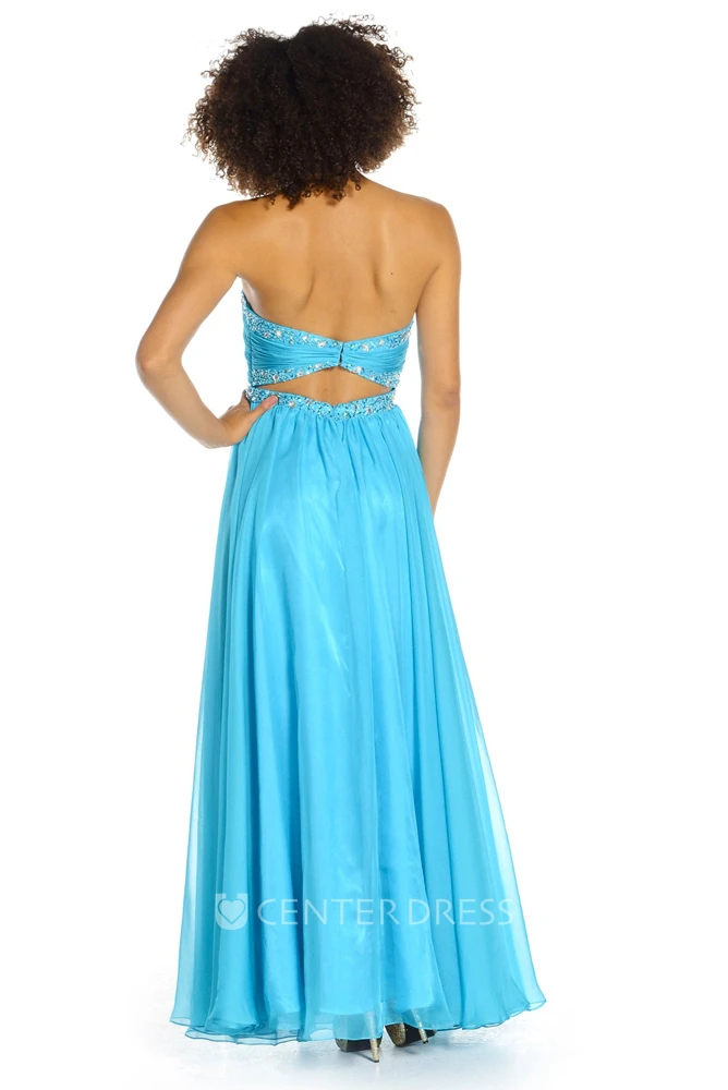 A-Line Sweetheart Ruched Long Sleeveless Prom Dress With Beading And Pleats