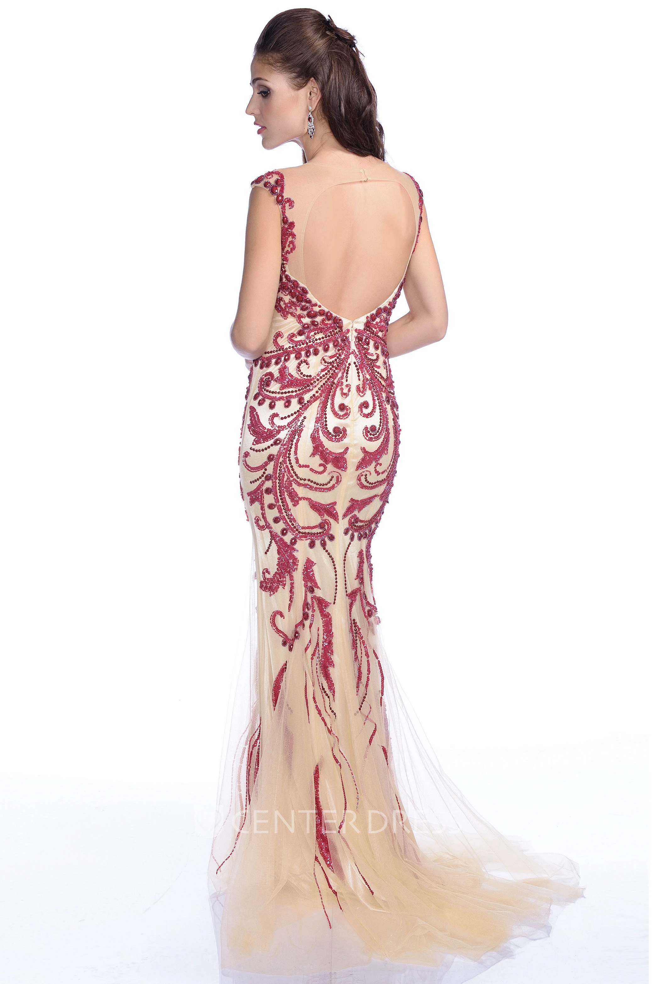 Trumpet Cap Sleeve Tulle Prom Dress With Rhinestones And Keyhole Back
