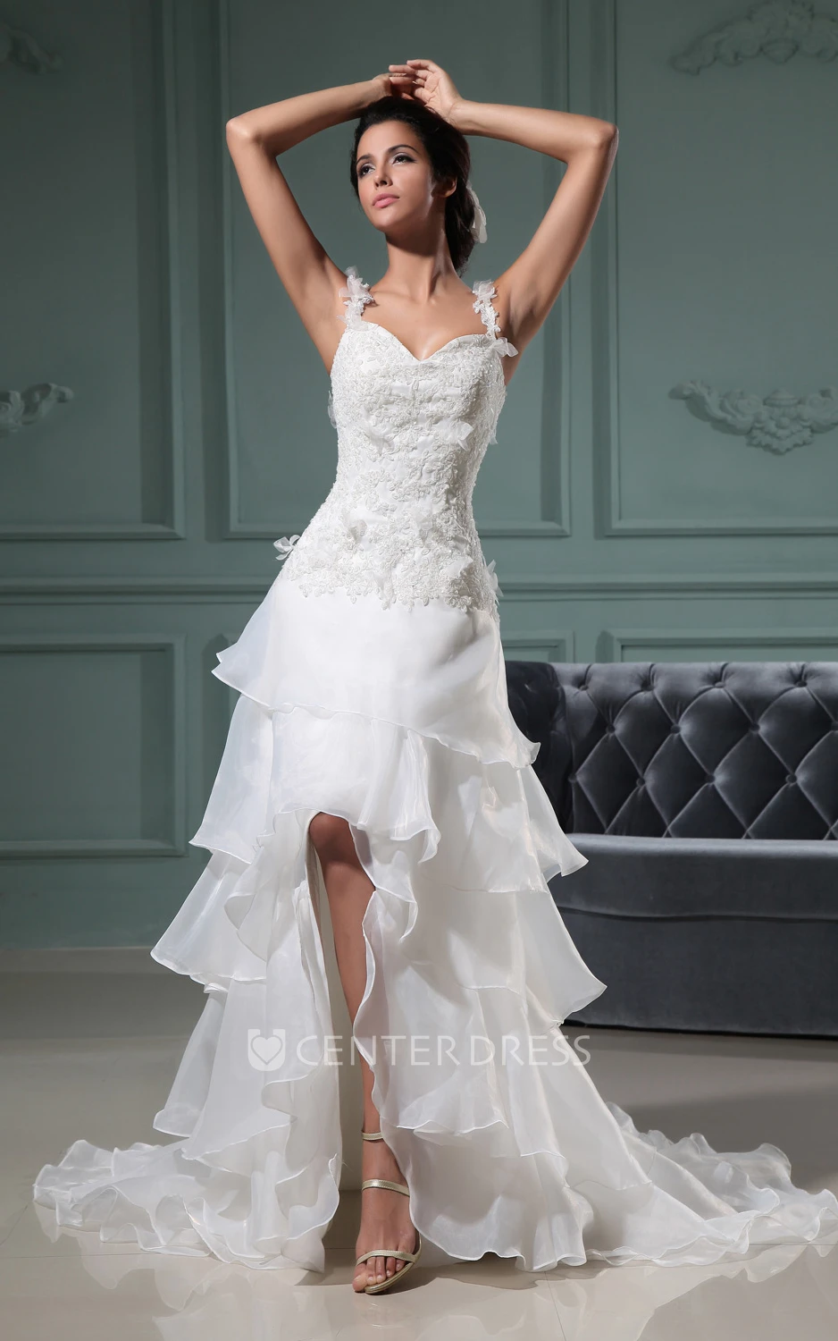 Sleeveless Sweetheart High Low Organza Wedding Gown With Ruffles
