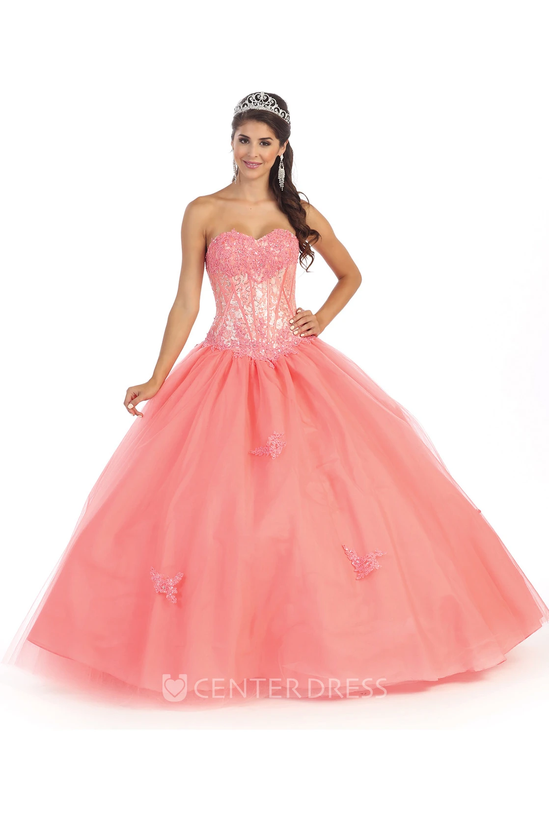Ball Gown Sweetheart Sleeveless Tulle Satin Corset Back Dress With Appliques