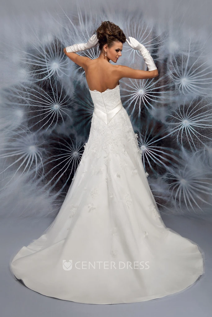 A-Line Strapless Sleeveless Floral Long Satin Wedding Dress With Backless Style And Bow