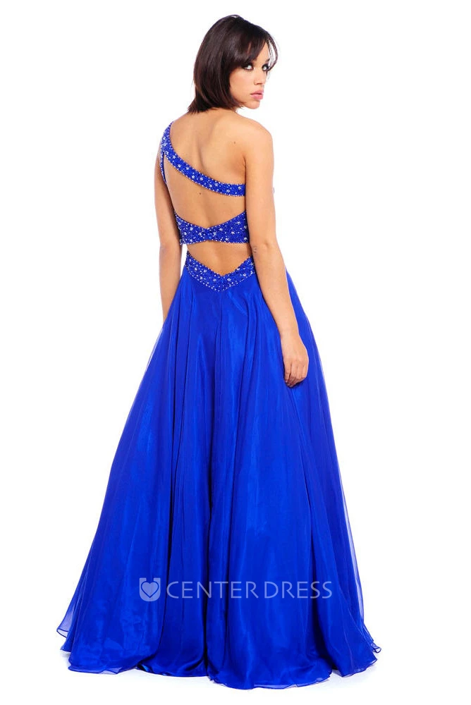 One-Shoulder Maxi Ruched Chiffon Prom Dress With Beading And Straps