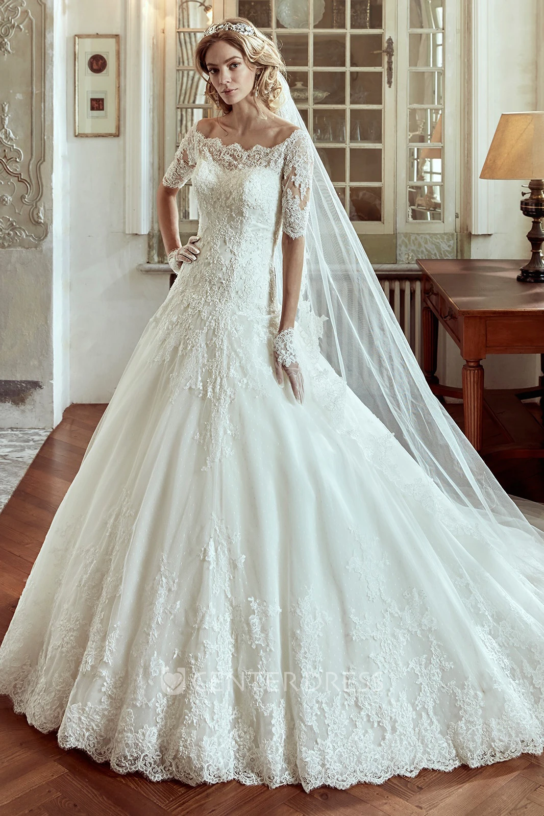 Off-shoulder A-line Wedding Dress with Half Sleeves and Court Train 