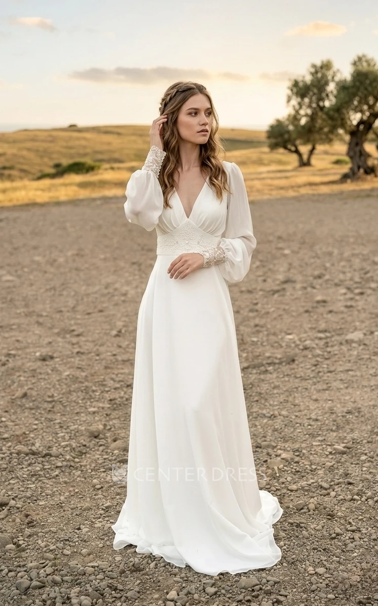 Modest V-neck Chiffon Sweep Train Country Spring Wedding Dress