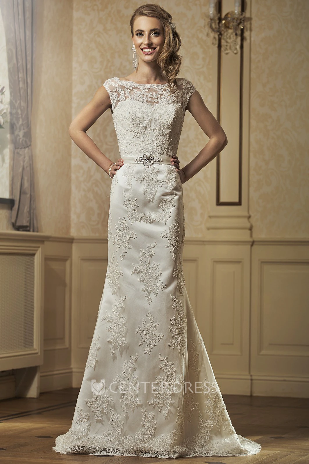 Sheath Cap-Sleeve Bateau-Neck Appliqued Floor-Length Lace Wedding Dress With Waist Jewellery And Bow