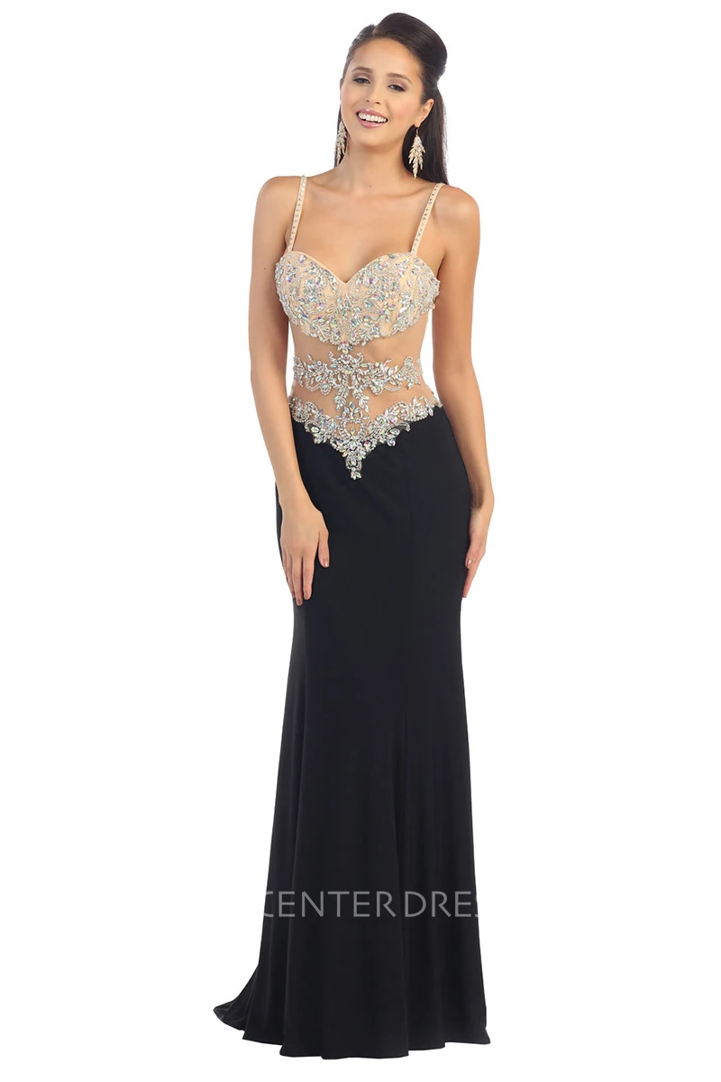 Illusion Sheath Maxi Spaghetti Sleeveless Jersey Dress With Beading