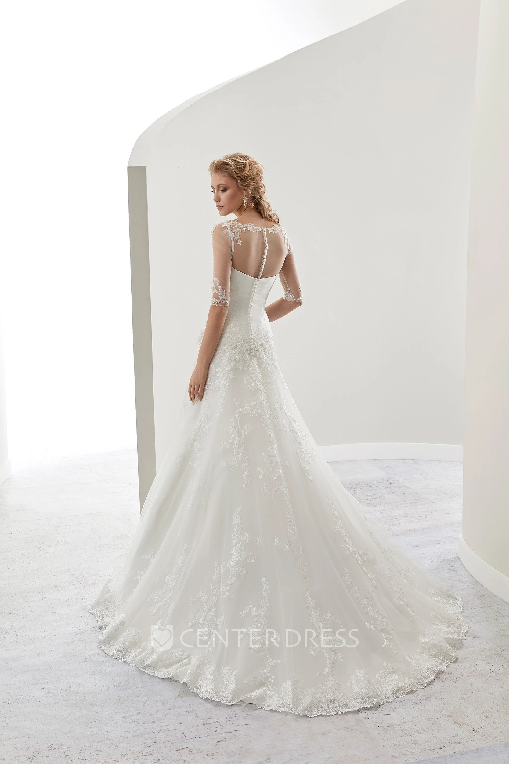 Illusion Half-sleeve Bridal Gown with Beaded Flower Embellishment and Jewel Neck
